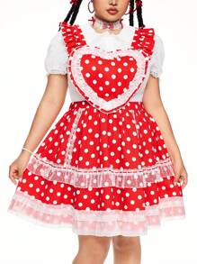 ROMWE Kawaii Sukienka typu babydoll w stylu wiejskim w dużych rozmiarach z nadrukiem w kropki i serca