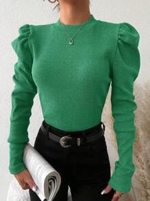 EURMUSE Cotton Solid Gigot Sleeve Ribbed Knit Tee - Green - View 6
