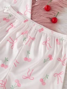 2pcs/Set Tween Girls Cherry & Bow Print Lapel Collar Top With Shorts, Leisure Comfortable Pajamas,Summer,Travel