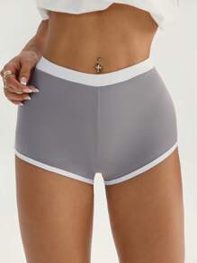 Easithlete 撞色绑带阔腿V腰超短运动短裤，春夏弹力短裤 - 灰色 - 查看 3