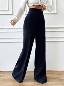 EURMUSE Women Solid Color High Waist Toothpick Stripe Design Straight Leg Elegant Office Pants - Navy Blue - View 4
