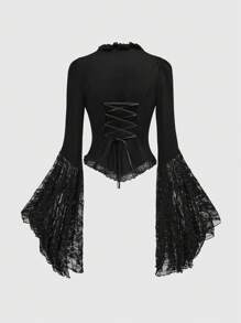 ROMWE Vintage Dark Gothic Ruffled Lace Patchwork Bell Sleeve Women Slim Fit Top - Black - View 2