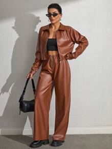 SHEIN Completo giacca e pantaloni in pelle cammello con cerniere in metallo