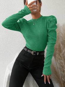 EURMUSE Cotton Solid Gigot Sleeve Ribbed Knit Tee - Green - View 4