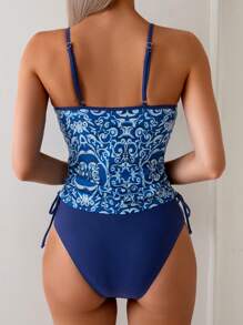SHEIN Swim 女式休闲 V 领交叉复古印花抽绳侧背心细肩带比基尼上衣，夏季 - 彩色 - 查看 2