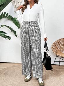 SHEIN Clasi Calça estilo Boho Xadrez Preto e Branco, Para Festival de Música e Country, Feminina - Preto - Visão 4