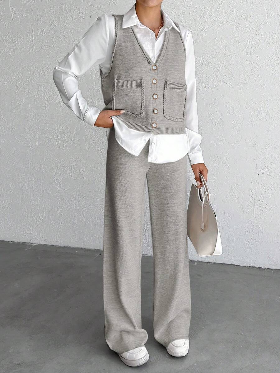 EURMUSE 2pcs/Set Women Front Button Sleeveless Pocket Minimalist Top And Long Pants - Light Grey - View 1