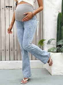 SHEIN 孕妇弹力腰牛仔喇叭裤，蓝色蝴蝶结设计，适合派对、节日、约会、情人节、下午茶 - 藍色 - 查看 5