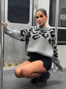 EURMUSE 女士豹纹毛衣，宽松柔软设计，独特针织上衣，适合秋冬季 - 彩色 - 查看 7