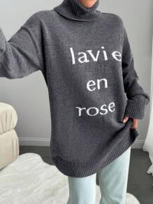 EURMUSE Women Casual Daily Letter Pattern Loose Drop Shoulder Turtle Neck Sweater, Autumn & Winter - Grey - View 5