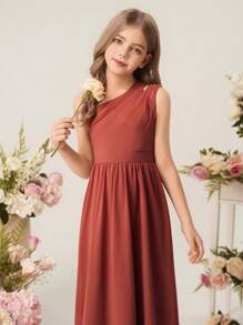 Tween Girl A-Line Floral One Shoulder Cutout Maxi Chiffon Dress, Flower Girl, Wedding, Birthday Party, Performance Autumn Fall - Redwood - View 9