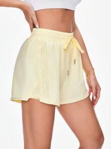 Sovereign Charm Solid Color Drawstring Waist Casual Sports Shorts Comfy Short Sweater Shorts - Yellow - View 4