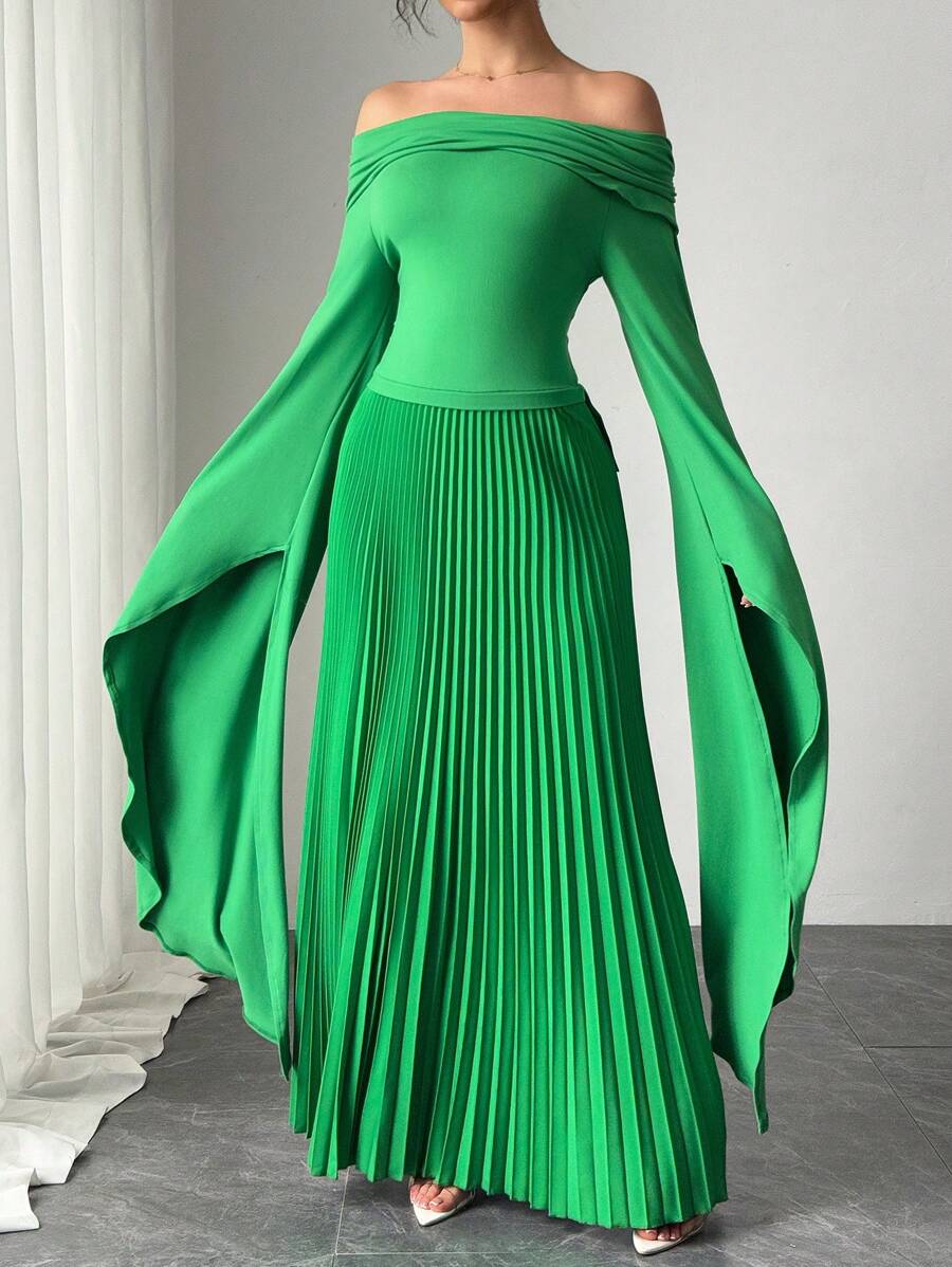 SHEIN Unity 女士露肩喇叭袖绿色针织拼布褶皱连衣裙 - 綠色 - 查看 1