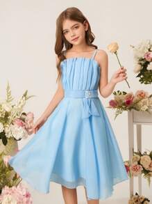 Tween Girls Rochie de lungime mijlocie, elegantă în straturi, albastru deschis, cu bretele spaghete, potrivită pentru Ziua Îndrăgostiților, bal, petrecere, aniversare, performanță și alte ocazii