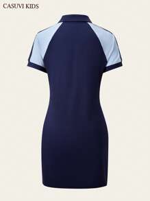 SHEIN 1pc Teen Girls Sporty Polo Collar Patchwork Short Sleeve Casual Mini Dress