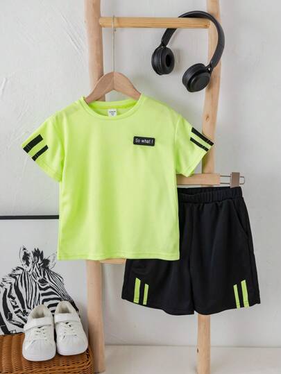 SHEIN 2pcs/Set Young Boy Comfortable, Breathable, Cool, Sweat Wicking,Daily Fashion Fluorescent Green Stripe And Letter Pattern Round Neck T-Shirt Top And Shorts Set, Suitable For Spring And Summer Season, Daily Life, Sports, Campus, Gatherings, Festivals, Performances, Photography, Back To School Season