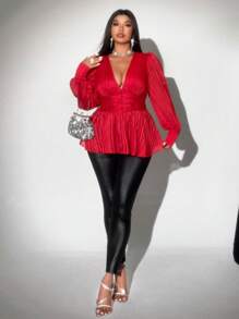 Viva Relle 大码纯色 V 领长袖休闲衬衫，适合日常穿着 - 紅色 - 查看 3