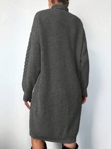 EURMUSE 女士纯色高领长袖简约短款休闲毛衣连衣裙 - 深灰色 - 查看 2