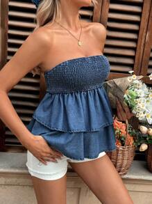 SHEIN Maternity Blue Denim Double Hem Bandeau Top,Year-Round,For Spring/Summer Holiday,Suitable For Summer,Blue Summer,Vacation Outfits Woman,Easter,Spring,Western,Office Outfits For Women,Rave Outfits,Baby Shower ,Cottagecore,Country Outfits Women, Chic, For Women Elegant,Beach ,Graduation ,Vacation ,Easter ,Sun,Mother Day/Mom/Mother/ Mommy/Mother's Day/Mama/Mum/Mother's Day Gift