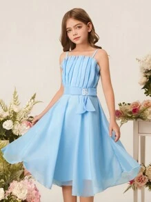 Tween Girls Rochie de lungime mijlocie, elegantă în straturi, albastru deschis, cu bretele spaghete, potrivită pentru Ziua Îndrăgostiților, bal, petrecere, aniversare, performanță și alte ocazii