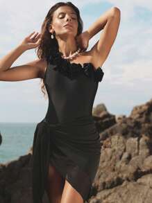 Swim Oasis Bộ đồ bơi cao cấp mùa hè Springbreak mới, màu trơn, họa tiết hoa 3D, cổ bất đối xứng và chân váy lưới đen. - màu đen - Xem 7