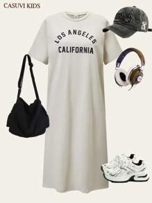 SHEIN 1 件休闲宽松圆领短袖连衣裙，简约百搭设计，适合少女，夏季新品