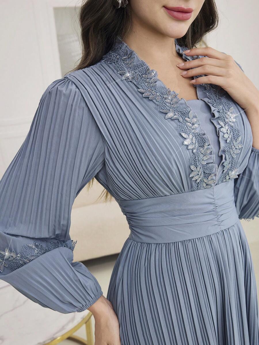 Modelyn Váy dài tay bồng xếp ly cổ chữ V thanh lịch cho nữ - Màu xanh bụi bặm - Xem 1