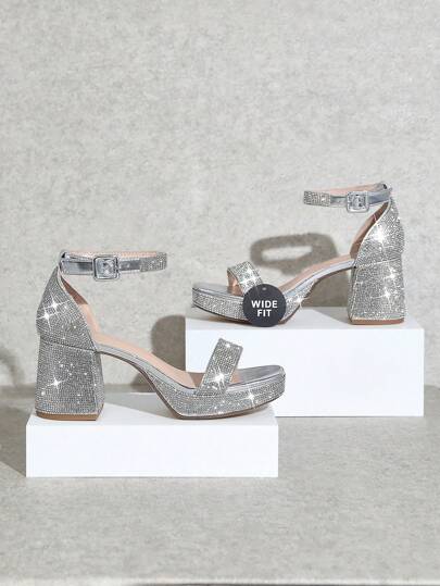 SHUZIA 宽版女式奢华水钻踝带方头粗跟水钻银色正装凉鞋 - 加大码舒适、耀眼、优雅的春季鞋