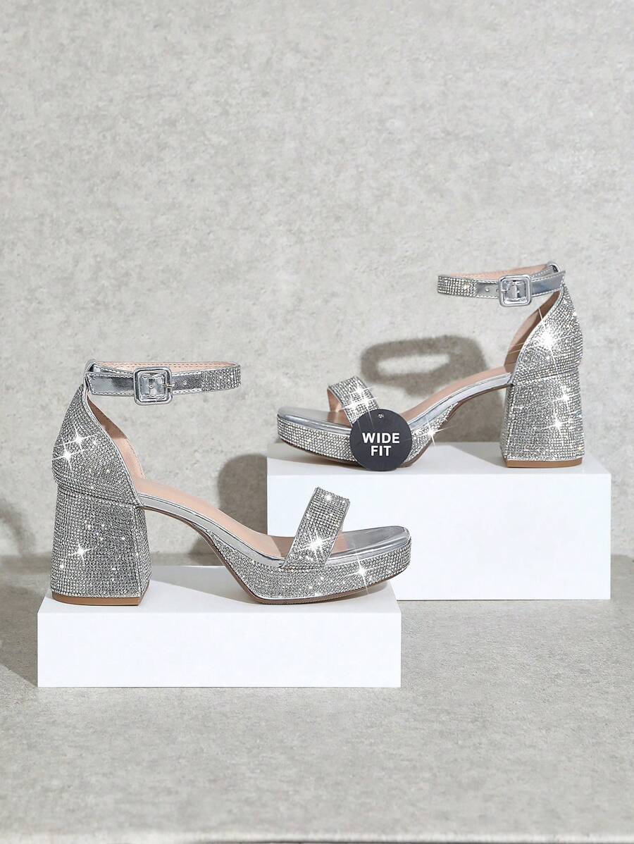 SHUZIA Giày cao gót vuông mũi vuông đính đá Rhinestone màu bạc sang trọng, vừa vặn dành cho nữ – Giày mùa xuân thanh lịch, thoải mái, lộng lẫy, cỡ lớn - Bạc - Xem 1