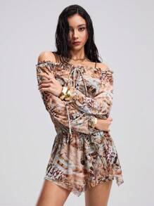 Swim EVENT Women's Fashion V-Neck Flare Sleeve Drawstring Waist Chiffon Cover Up, Suitable For Vacation In Summer - Multicolor - View 4