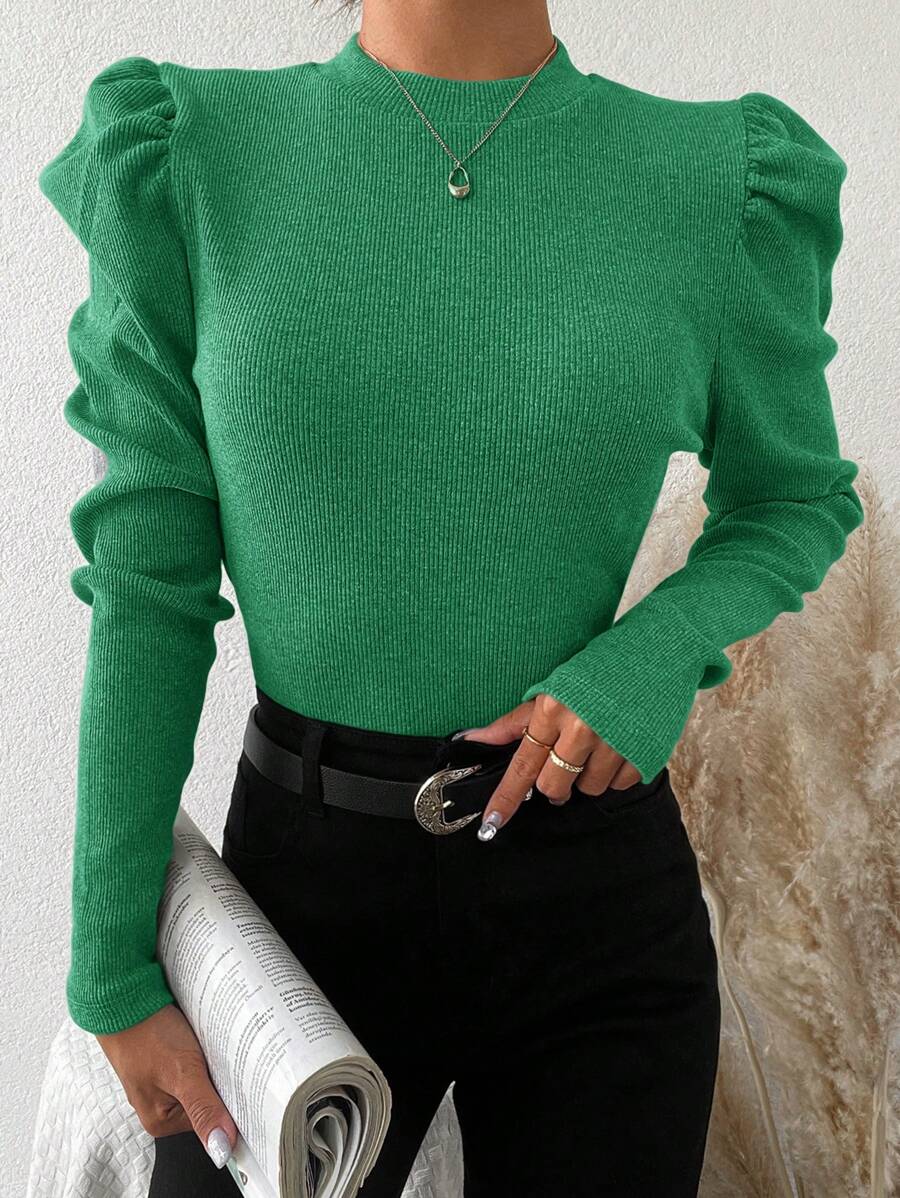 EURMUSE Cotton Solid Gigot Sleeve Ribbed Knit Tee - Green - View 1