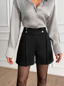EURMUSE Women Solid Color Button Detailed Shorts - Black - View 3