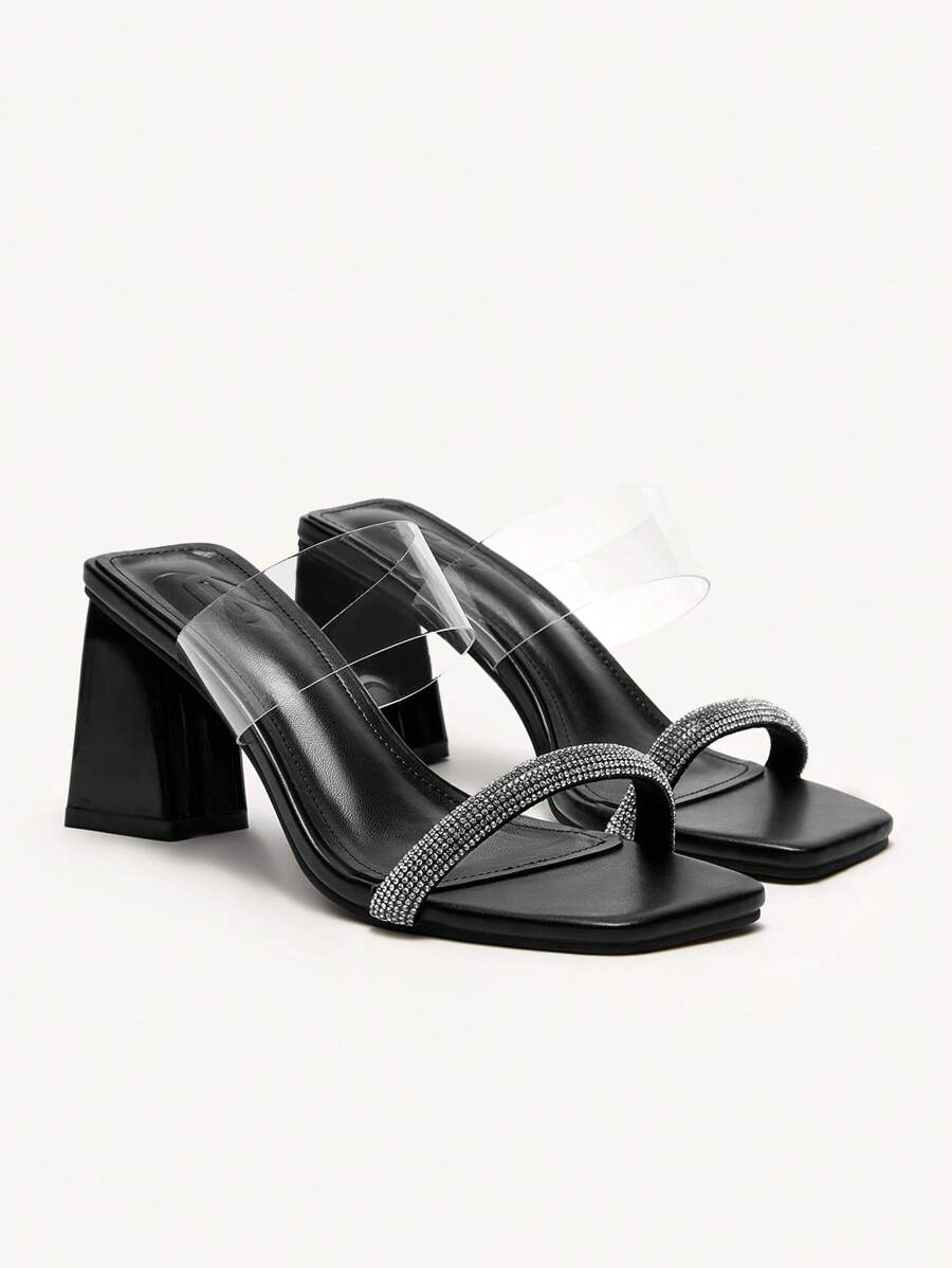 CUCCOO CHICEST Women's Rhinestone Buckle Strap Transparent PVC Square Toe Block Heel Elegant Sexy Black Clear High Heels Sandals Mules For Party, Dating, Nightclub - Black - View 1