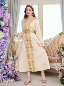 少女复古风格 V 领金色蕾丝腰带长裙 - 彩色 - 查看 3