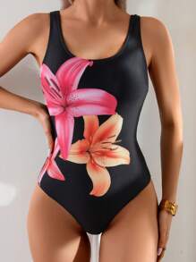 SHEIN Swim بدلة سباحة نسائية ذات قطعة واحدة مثيرة مطبوعة بزهور، بدلة استحمام صيفية قطعة واحدة