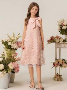 Tween 女童圆领无袖连衣裙，采用蝴蝶结设计，蝴蝶纹理面料，优雅，适合派对、婚礼、伴娘 - 粉色 - 查看 4
