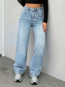 SHEIN Cottnline HIGH RISE STRAIGHT JEAN EYELET POCKET - Light Wash - View 1