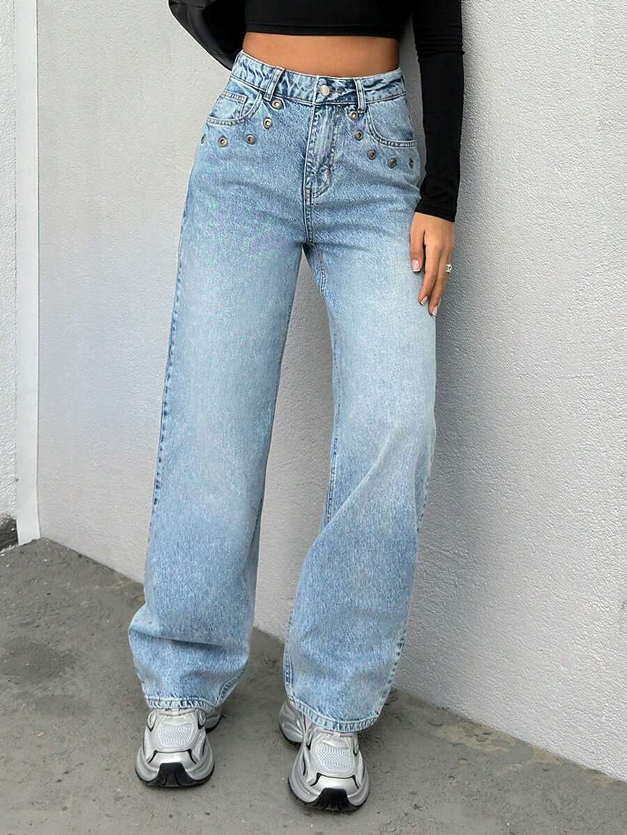 SHEIN Cottnline HIGH RISE STRAIGHT JEAN EYELET POCKET - Light Wash - View 1