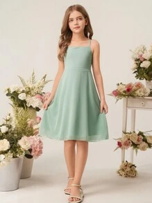 Vestido Slip Elegante e Minimalista para Meninas, Cintura Alta, Sem Mangas, Comprimento Médio, em Chiffon Verde Menta, Vestido de Verão Leve - Verde - Visão 5