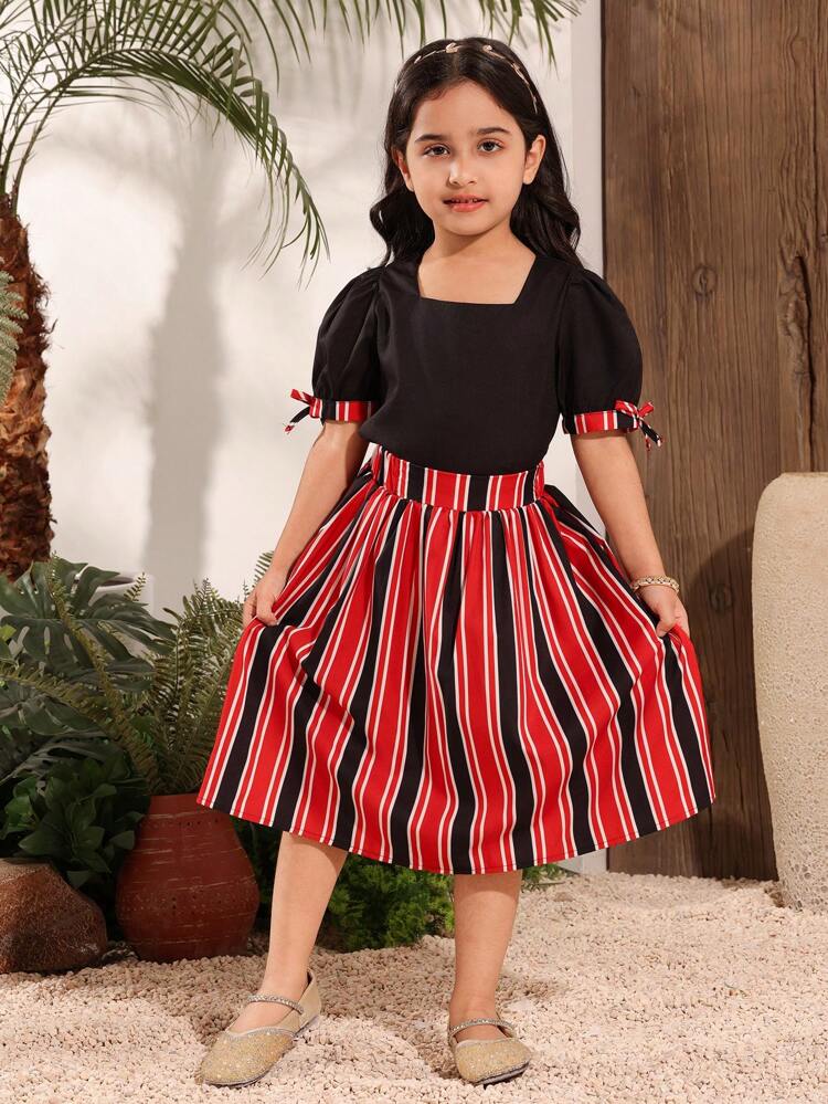 2pcs/Set Young Girl Striped Print Contrast Color Top & Skirt