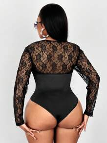Maweii 性感蕾丝拼布透视镂空大码长袖紧身衣，适合派对和日常穿着 - 黑色 - 查看 2