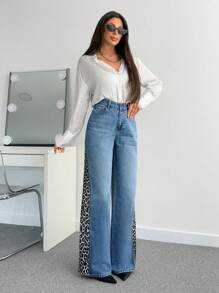 RueChic HIGH WAIST LEOPARD SIDE DETAILED WIDE LEG JEAN - Medium Wash - View 5