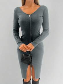 SHEIN Cottnline Casual Minimalist Solid Color Front Zip Fitted Dress - Light Grey - View 6