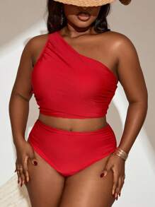 Slaydiva Plus Size Women Solid Color Asymmetrical Neck Fashion Tankini Swimwear, For Summer Beach Vacation - Red - View 4