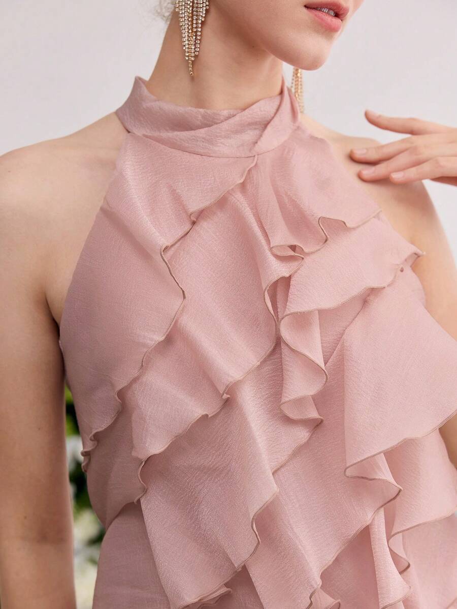 MOTF PREMIUM ELEGANT SOLID COLOR HALTERNECK ASYMMETRIC RUFFLE HEM SLIT DRESS - Pink - View 2