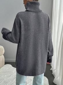 EURMUSE Women Casual Daily Letter Pattern Loose Drop Shoulder Turtle Neck Sweater, Autumn & Winter - Grey - View 2