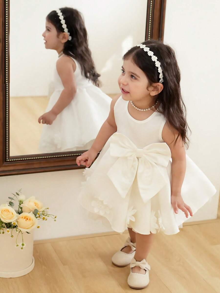 Baby Girls' Plus Size A-Line Dress With Solid Color, High-End Bow And 3D Floral Decor