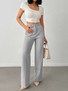 EURMUSE Women's Solid Pleated Seam Detailed Suit Pants - Light Grey - View 6