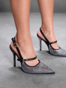 CUCCOO SZL Sexy Pointed-Toe Crystal Embellished Slingback Stiletto High Heel Shoes, Black, Suitable For Party, Club Wear Spring Shoes Spring Break Easter Prom Heels - Black - View 5