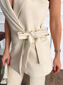 EURMUSE WOMEN BELT DETAILED ELEGANT SUIT SET WITH WAIST - Beige - View 5